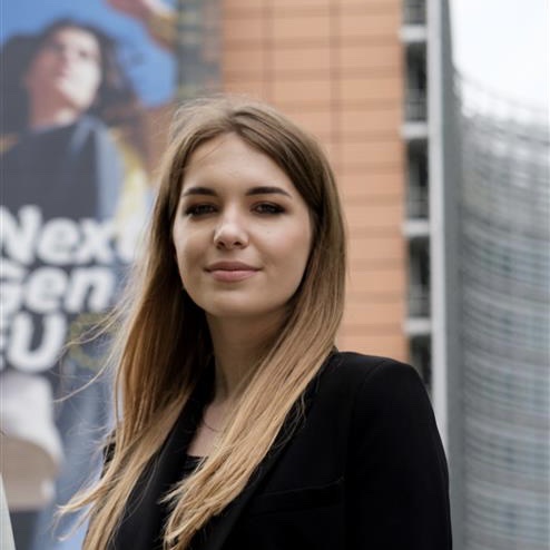 Shows woman in a a suit
